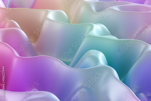Pastel-colored, wavy gradient background with smooth, flowing texture. Gentle curves in pink, blue, purple, creating soft and serene aesthetic. Ideal for backdrops, modern design projects. 3D render.