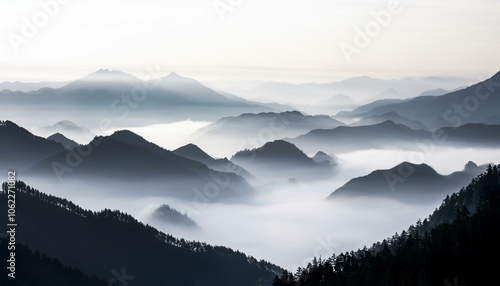 A misty mountain landscape with rolling hills shrouded in fog, creating a sense of serenity and mystery.