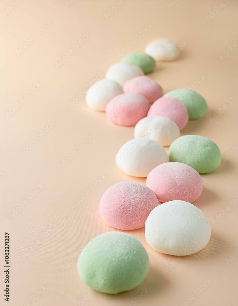 A row of pastel-colored mochi arranged in a gentle curve on a light peach background. A row of pastel-colored mochi arranged in a gentle curve on a light peach background.