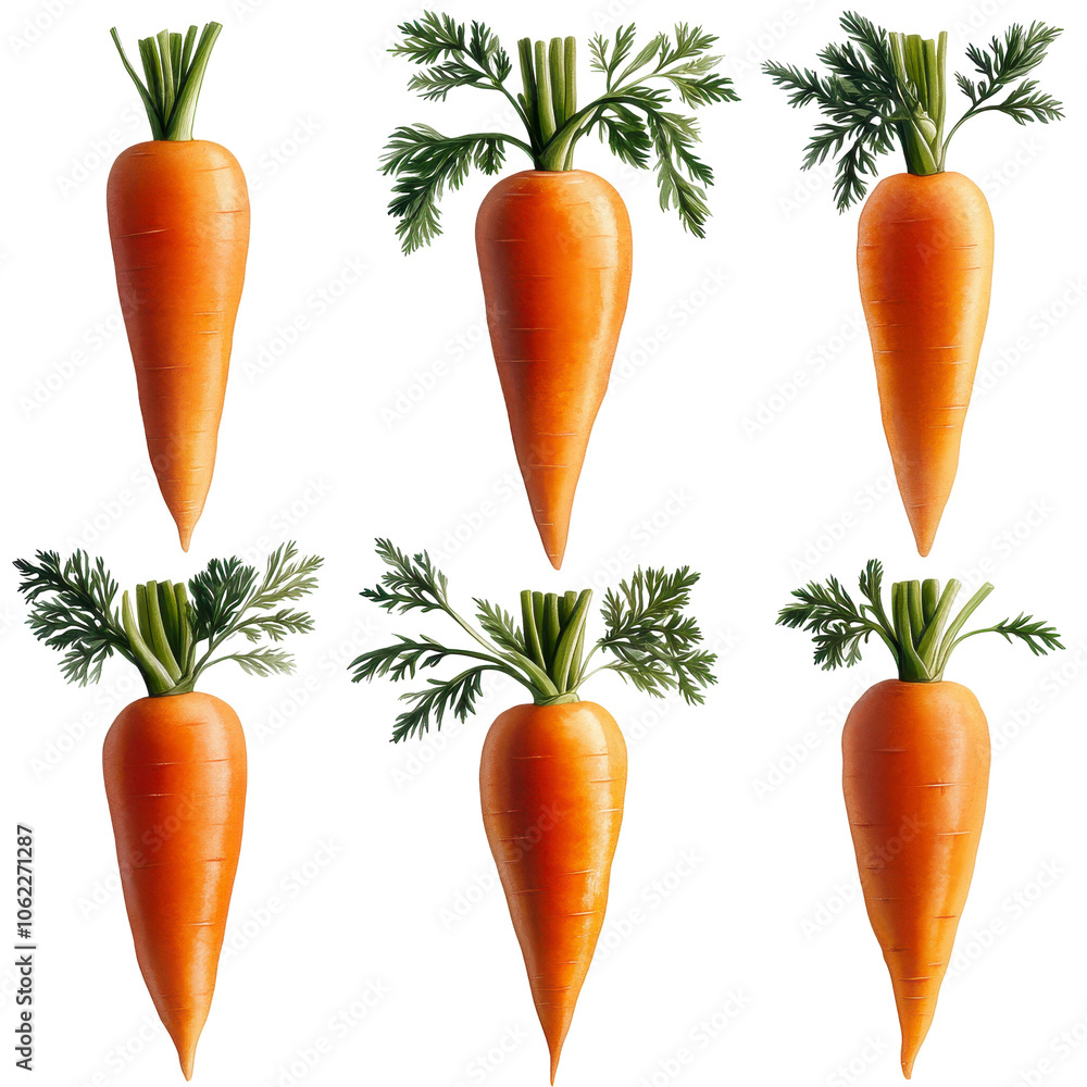 Vibrant carrots, lush green tops, arranged in neat rows, fresh display, organic produce, healthy farm harvest. Isolated on white background or PNG Vibrant carrots, lush green tops, arranged in neat rows, fresh display, organic produce, healthy farm harvest. Isolated on white background or PNG