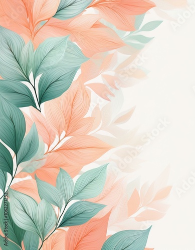 Delicate pastel green and peach leaves in a floral design.