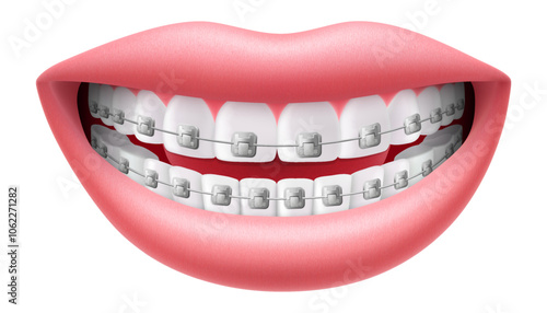 Smile with white teeth and braces isolated on white background. Teeth dental braces. Realistic 3D Vector illustration