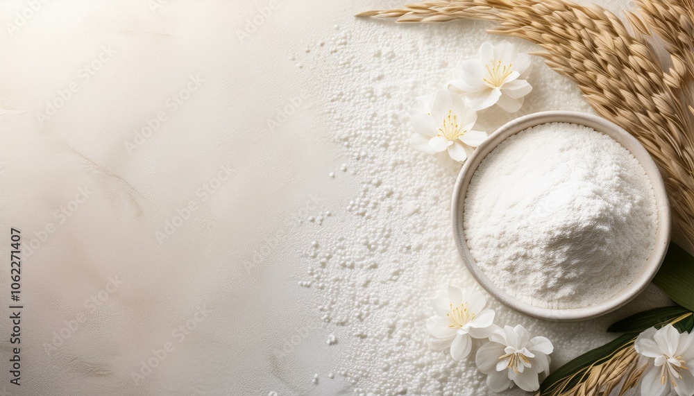 A bowl of white powder sits on a white surface surrounded by white flowers and wheat stalks. A bowl of white powder sits on a white surface surrounded by white flowers and wheat stalks.