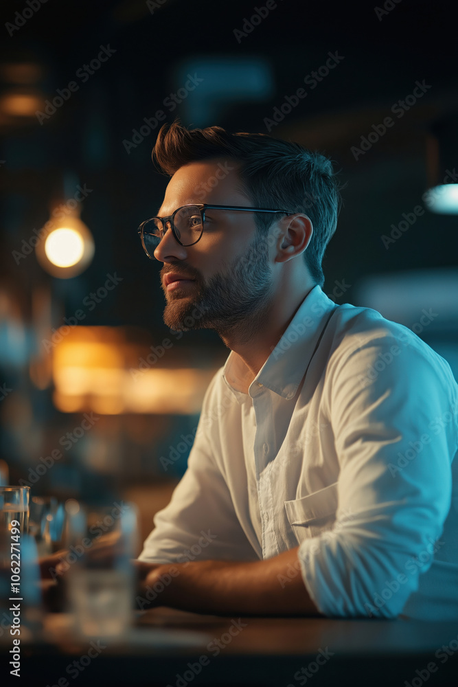 Man deep in thought at a bar, enjoying a quiet evening with drinks and warm lighting Man deep in thought at a bar, enjoying a quiet evening with drinks and warm lighting