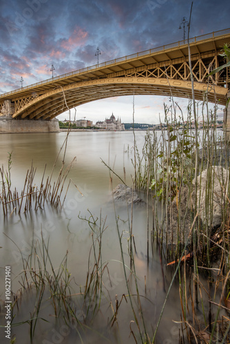 Bridge in the morning. One of the famous road bridges over the Danube. Landscape and architecture in the morning, Margit bridge, Margitsziget / Margit híd, Budapest, Hungary photo