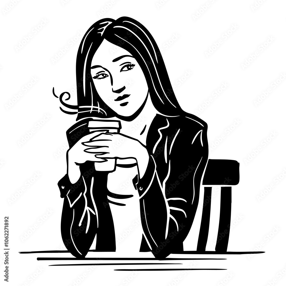 Beautiful young woman in a cafe with coffee. City girl. Coffee time, leisure and lifestyle. Vector black white isolated art illustration. Hand drawn sketch Beautiful young woman in a cafe with coffee. City girl. Coffee time, leisure and lifestyle. Vector black white isolated art illustration. Hand drawn sketch