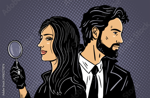 Beautiful couple detectives. Young man in a retro hat. Woman with a magnifying glass. Search and evidence. Agent spy. Detective agency. Vector illustration. Hand drawn comic style