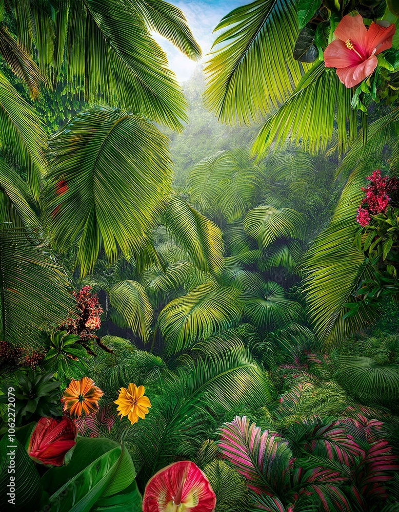 A lush jungle scene with vibrant green foliage and colorful flowers. A lush jungle scene with vibrant green foliage and colorful flowers.