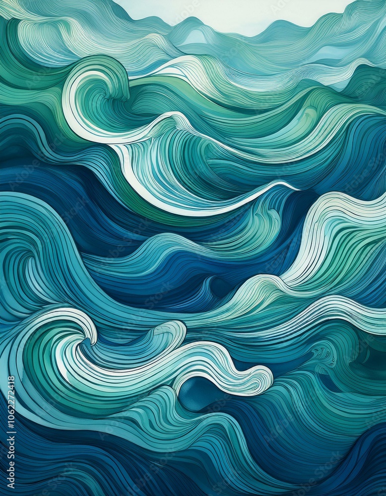 Abstract painting of ocean waves in shades of blue and green. Abstract painting of ocean waves in shades of blue and green.
