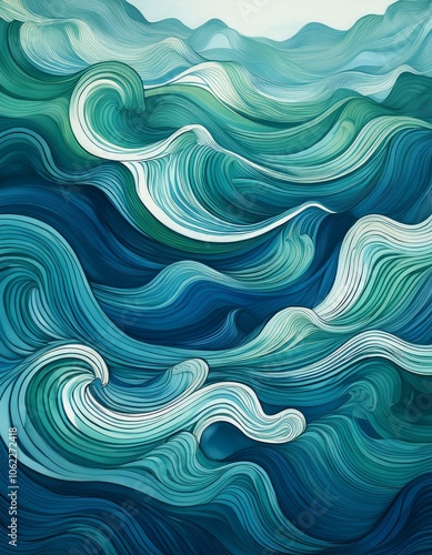 Abstract painting of ocean waves in shades of blue and green.