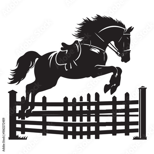 Equestrian jumping over a fence silhouette vector art black color design and solid white background 