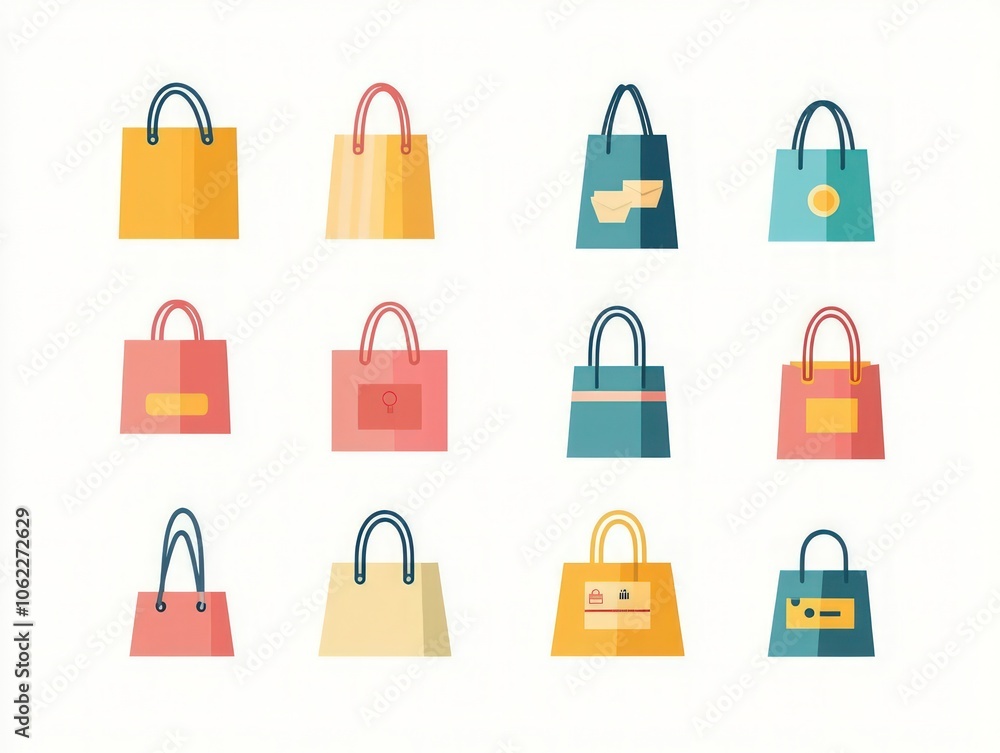 Shopping bag icon set with online purchase symbols, perfect for e-commerce promotions with space for messaging Shopping bag icon set with online purchase symbols, perfect for e-commerce promotions with space for messaging