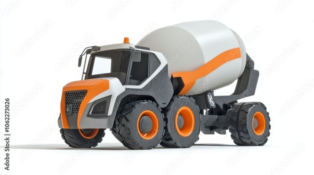 A futuristic design of a concrete mixer truck featuring a sleek, modern aesthetic with orange accents. The truck is equipped with a large drum for mixing concrete, powerful wheels for heavy-duty tasks A futuristic design of a concrete mixer truck featuring a sleek, modern aesthetic with orange accents. The truck is equipped with a large drum for mixing concrete, powerful wheels for heavy-duty tasks
