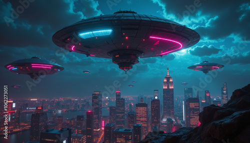 Multiple UFOs Hovering Over Futuristic City at Night