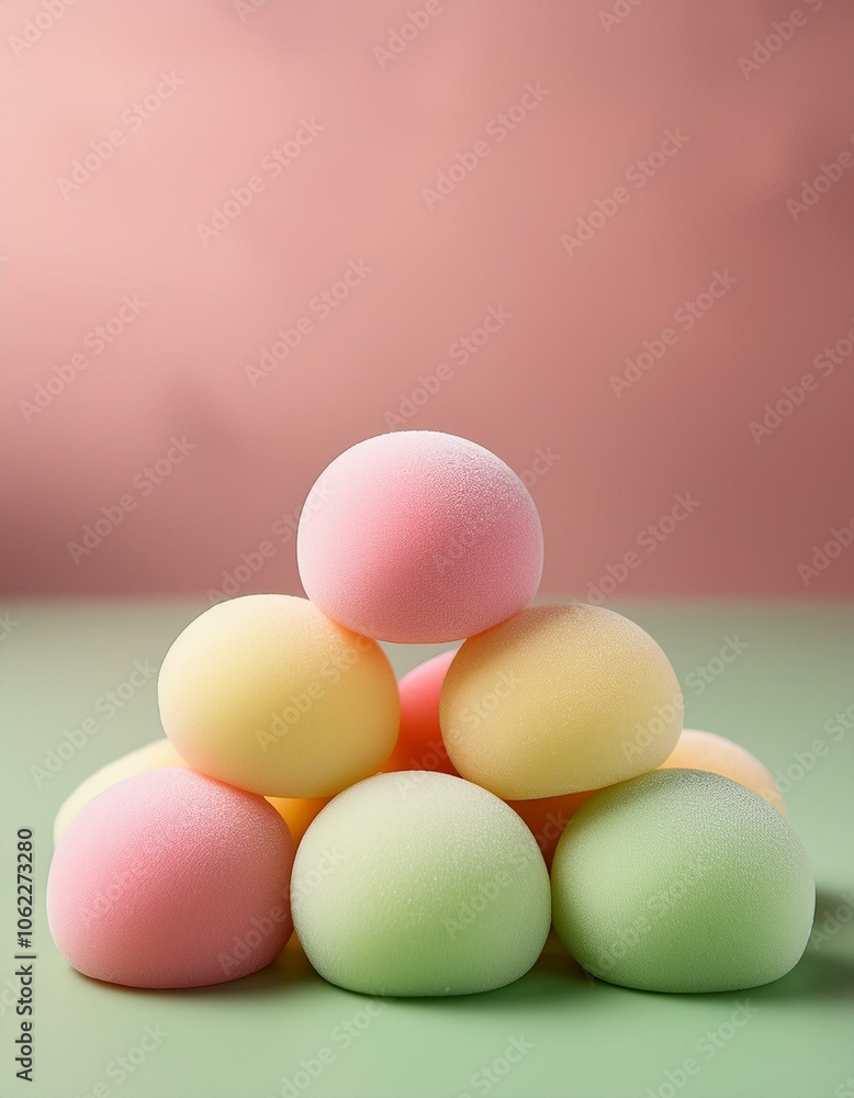 A stack of colorful mochi, a traditional Japanese dessert, on a green background. A stack of colorful mochi, a traditional Japanese dessert, on a green background.