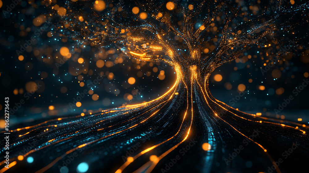 Naklejka premium Abstract digital tree with glowing data streams flowing through its branches, symbolizing the growth of knowledge in the digital age. 