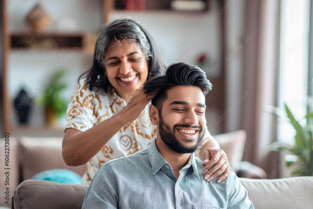 Indian mother doing head massage her adult son, sharing a joyful moment together in a cozy home setting. Indian mother doing head massage her adult son, sharing a joyful moment together in a cozy home setting.