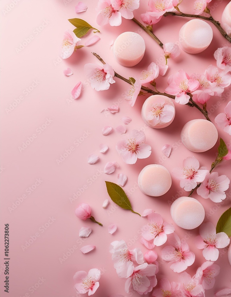 Pink blossoms and delicate round objects arranged on a soft pink background. Pink blossoms and delicate round objects arranged on a soft pink background.