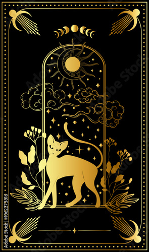 A mystical golden cat walks beneath a celestial sun and swirling clouds, framed by delicate floral designs at twilight
