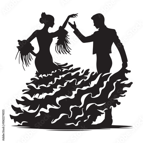 Flamenco dancer with dress silhouette vector art black color design and solid white background 