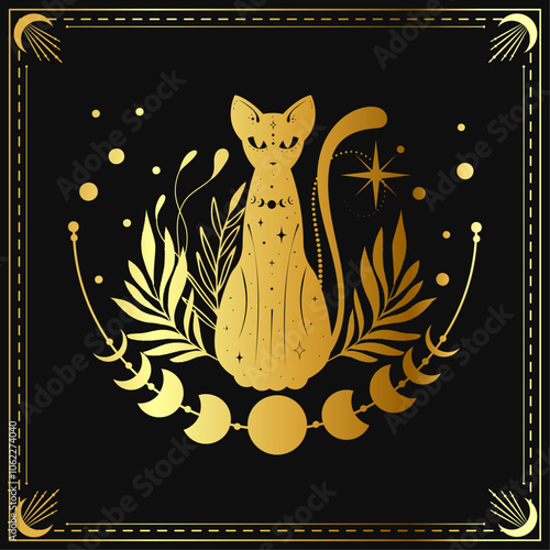 Elegant golden cat design surrounded by moons and celestial motifs on a deep black background celebrating mystical themes