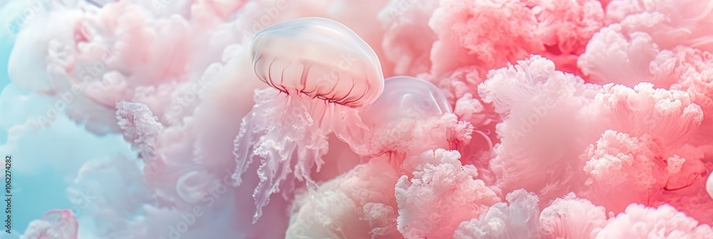 A mesmerizing underwater scene featuring pink and white jellyfish floating gracefully in a dreamy, ethereal setting. The delicate tentacles and translucent bodies create a captivating display of natur A mesmerizing underwater scene featuring pink and white jellyfish floating gracefully in a dreamy, ethereal setting. The delicate tentacles and translucent bodies create a captivating display of natur