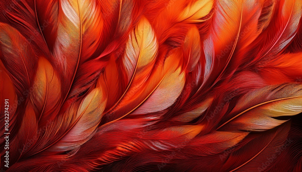 A close-up of vibrant red and orange feathers, creating a beautiful abstract pattern. A close-up of vibrant red and orange feathers, creating a beautiful abstract pattern.