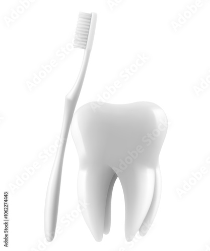 Tooth and Toothbrush Closeup Isolated on White Background. Medical Dentist Illustration. Design Template, Clipart, Mockup. Dental Health Concept. Realistic 3d Vector.