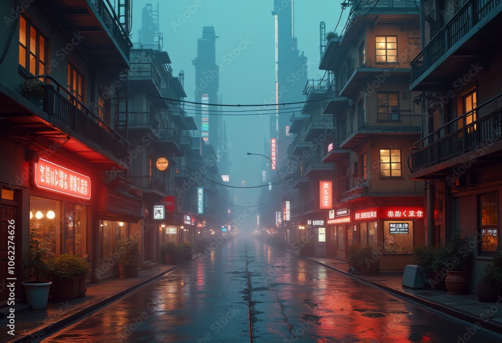 Naklejka premium Misty street in a vibrant neon-lit urban environment at night with reflections in puddles on the wet pavement