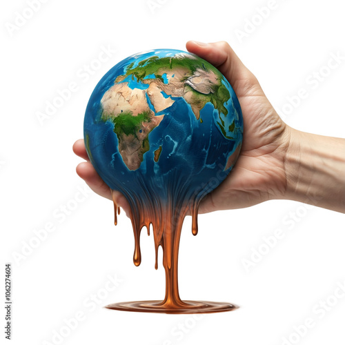 Fototapeta Naklejka Na Ścianę i Meble -  The hand compressing melting earth planet isolated over white background