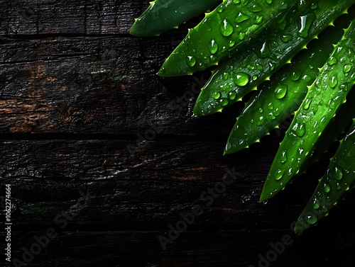 Green aloe vera leaves with water droplets on a dark wooden background.