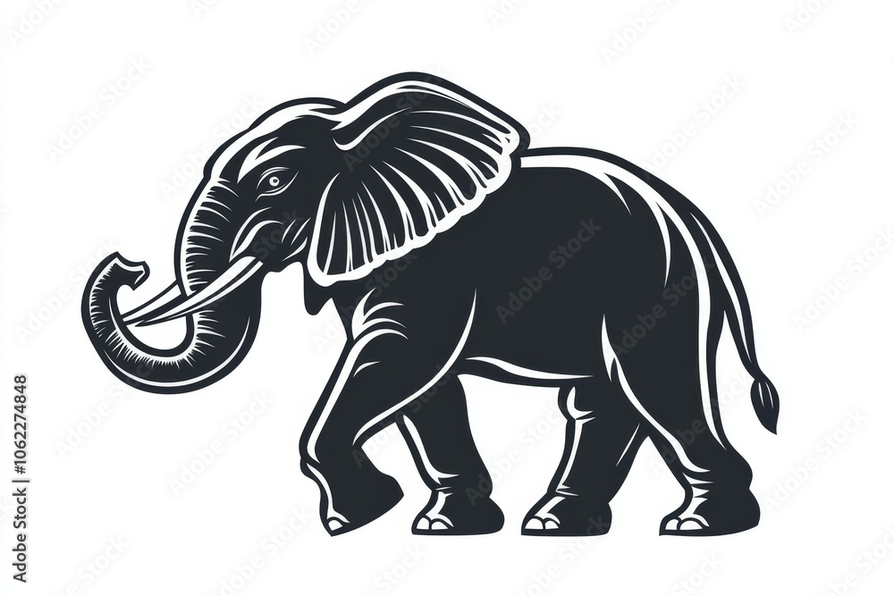 A powerful and majestic elephant illustration with its trunk raised high, symbolizing strength, wisdom, and good luck. The elephant is depicted in a vintage style with intricate details and a black a A powerful and majestic elephant illustration with its trunk raised high, symbolizing strength, wisdom, and good luck. The elephant is depicted in a vintage style with intricate details and a black a