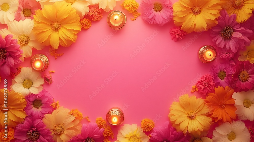 yellow and pink radial gradient from the centre background, 2D diwali elements corner bordering across the frame with small marigold flowers, small lanterns, premium look,generative ai yellow and pink radial gradient from the centre background, 2D diwali elements corner bordering across the frame with small marigold flowers, small lanterns, premium look,generative ai