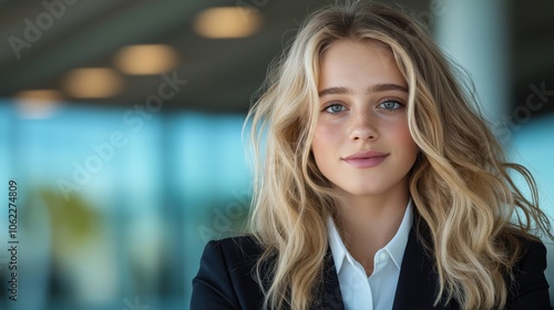 A beautiful blonde caucasian european woman in suit, businesswoman.