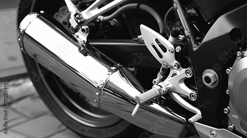 Wallpaper Mural Close-up of a chrome motorcycle exhaust with a foot peg, showcasing sleek design, metallic finish, and mechanical details in black and white Torontodigital.ca