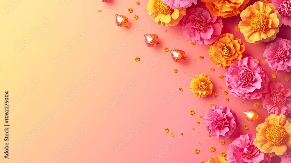 yellow and pink radial gradient from the centre background, 2D diwali elements corner bordering across the frame with small marigold flowers, small lanterns, premium look,generative ai yellow and pink radial gradient from the centre background, 2D diwali elements corner bordering across the frame with small marigold flowers, small lanterns, premium look,generative ai