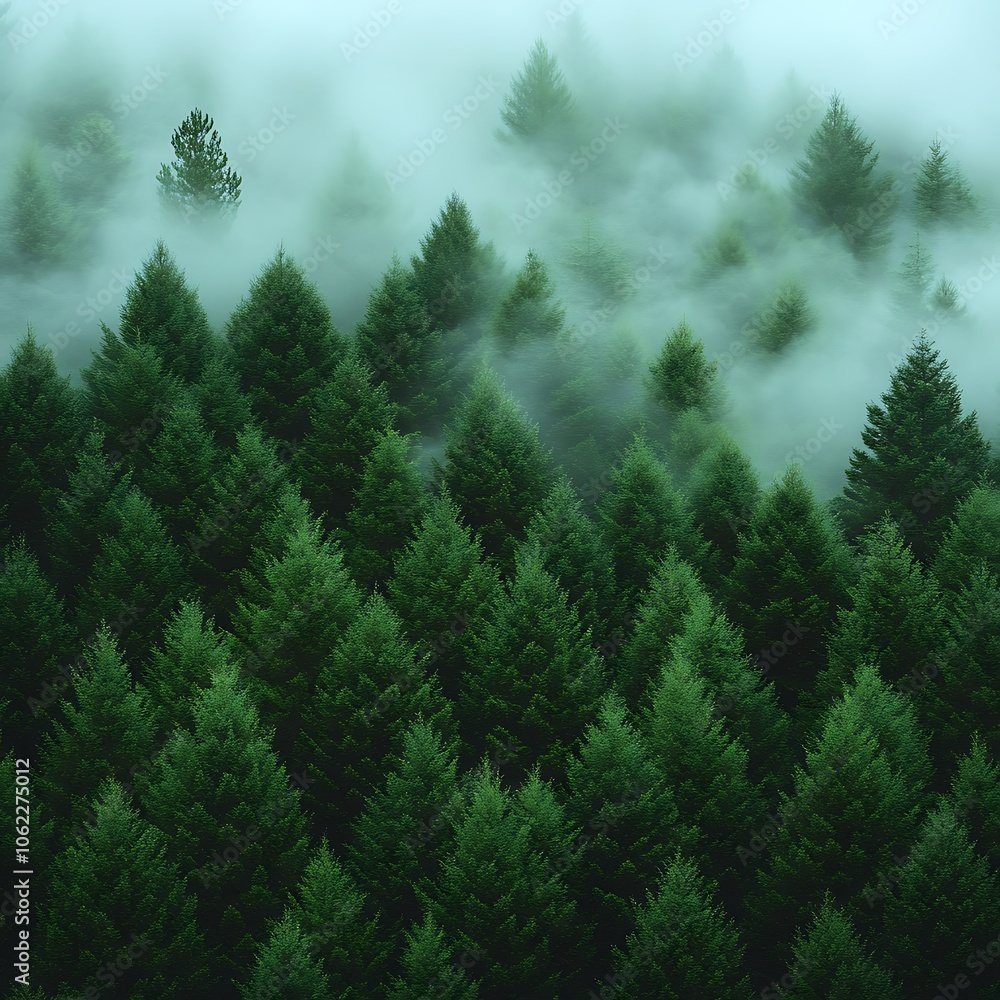 Enveloped in mist over a serene green forest Enveloped in mist over a serene green forest