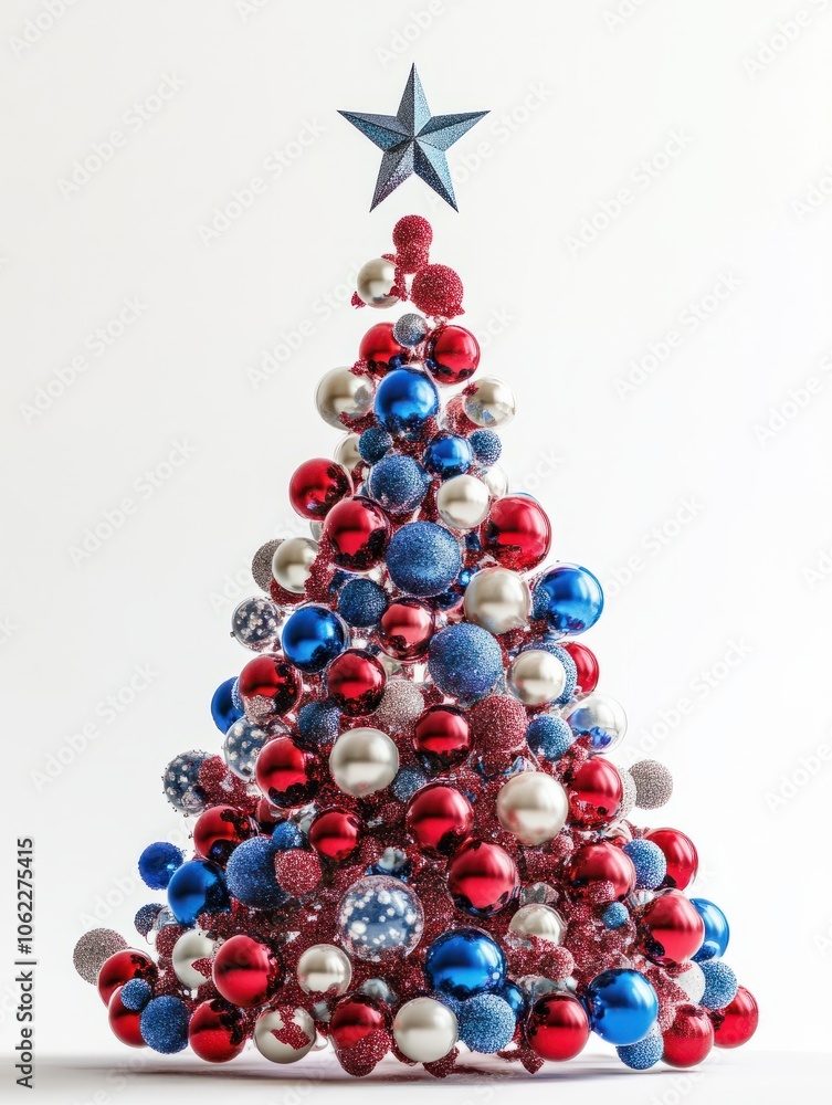 Modern abstract Christmas tree sculpture made of red and blue balls mimicking the joining of molecules, with a star on a white background Modern abstract Christmas tree sculpture made of red and blue balls mimicking the joining of molecules, with a star on a white background