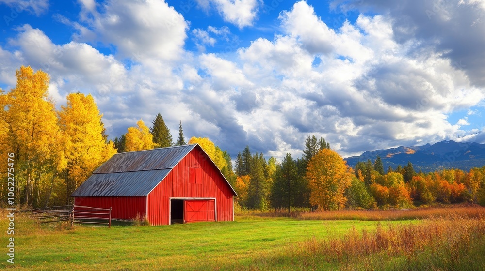 A red barn stands majestically in a picturesque autumn landscape, surrounded by vibrant yellow trees, rolling hills, and a blue sky with fluffy clouds. The scene evokes a sense of peace, tranquility, A red barn stands majestically in a picturesque autumn landscape, surrounded by vibrant yellow trees, rolling hills, and a blue sky with fluffy clouds. The scene evokes a sense of peace, tranquility,
