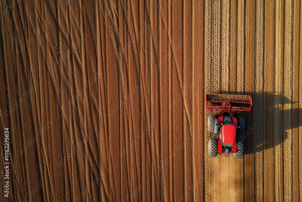 Aerial view of a tractor plowing a field Aerial view of a tractor plowing a field