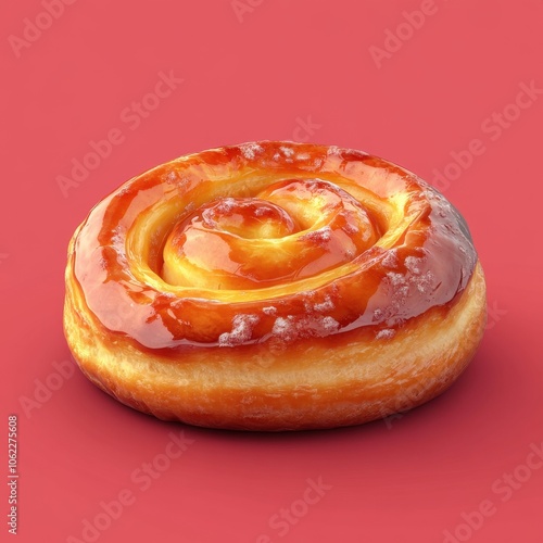 Delectable Spiral-Shaped Danish Pastry on Vibrant Red Background