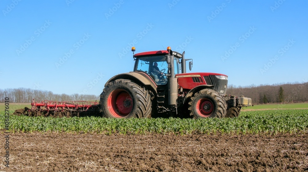 A powerful red tractor plows a field of green crops, symbolizing agriculture, hard work, growth, productivity, and the cycle of life. A powerful red tractor plows a field of green crops, symbolizing agriculture, hard work, growth, productivity, and the cycle of life.
