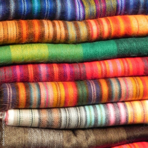 Textiles multicolores en mercado artesanal de Ecuador