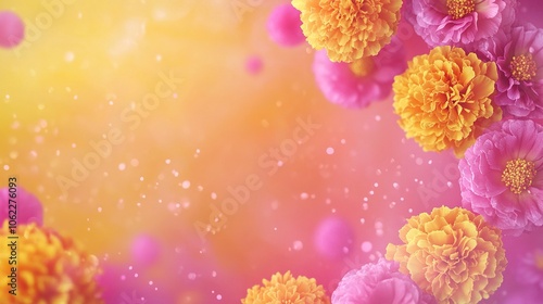 yellow and pink radial gradient from the centre background, 2D diwali elements corner bordering across the frame with small marigold flowers, small lanterns, premium look,generative ai
