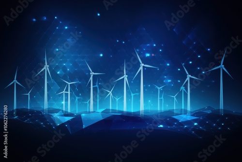 Abstract grid of wind turbines with a digital landscape