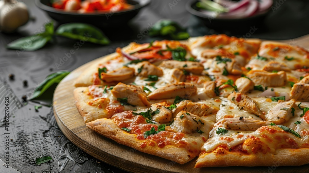 Chicken Supreme Pizza displayed on cutting board with dark background - Italian fast food Chicken Supreme Pizza displayed on cutting board with dark background - Italian fast food
