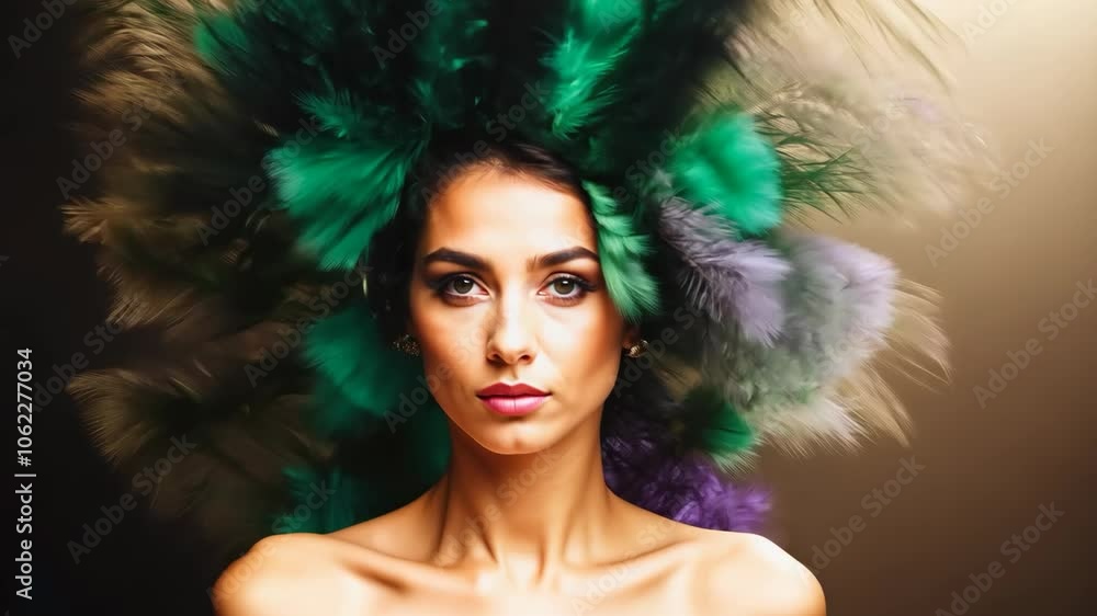 Elegant portrait of a woman with vibrant feather headdress Elegant portrait of a woman with vibrant feather headdress