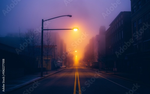 street lamp in the fog Foggy street with streetlights in an urban setting.