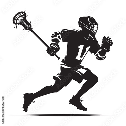 Lacrosse player running silhouette vector black color white background 