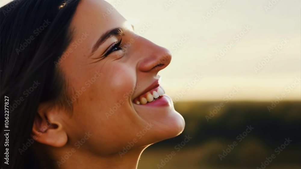 Radiant Joy: A woman's joyful profile against a warm sunset, radiating happiness and serenity. Radiant Joy: A woman's joyful profile against a warm sunset, radiating happiness and serenity.